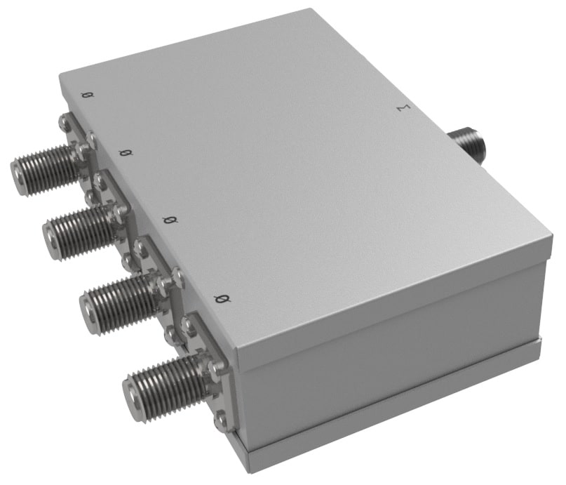 4-way reactive power divider/combiner with 75 Ohm F female connectors