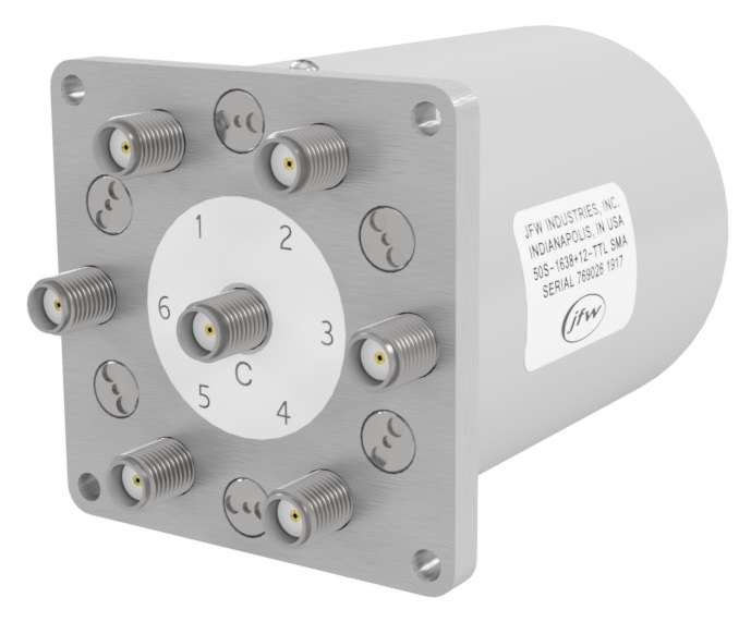 absorptive 1P6T electro-mechanical RF switch with 50 Ohm SMA female connectors