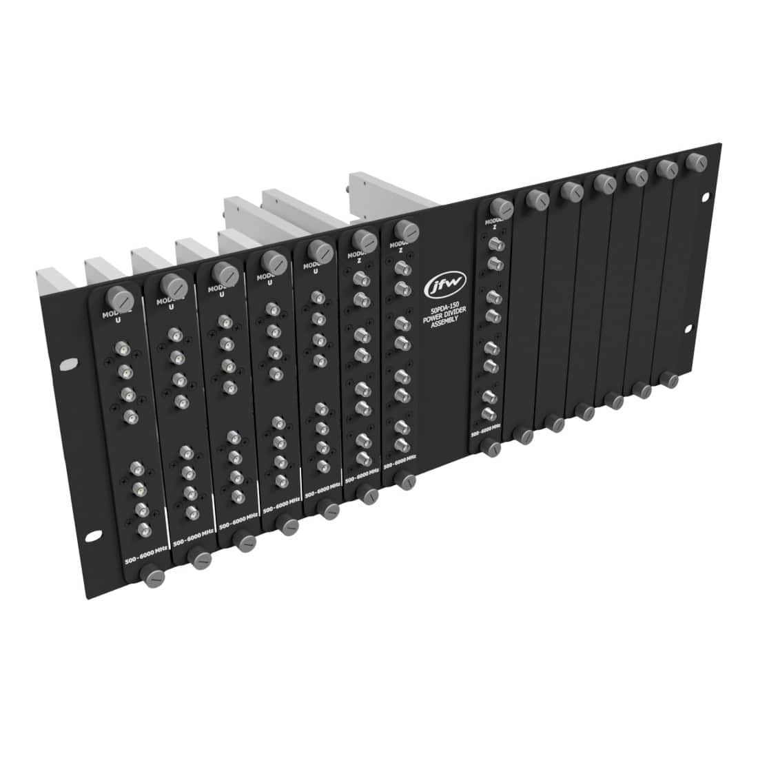 Power divider/combiner assembly model 50PDA-150 with five U modules and three Z modules