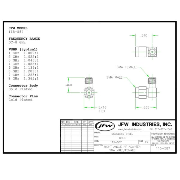 Right Angle 50 Ohm SMA Male to SMA Female Adapter