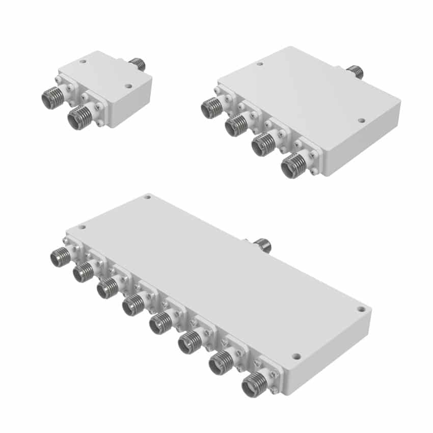 2-Way, 4-Way, and 8-Way power divider/combiners with 2.92mm connectors operating 6-40 GHz