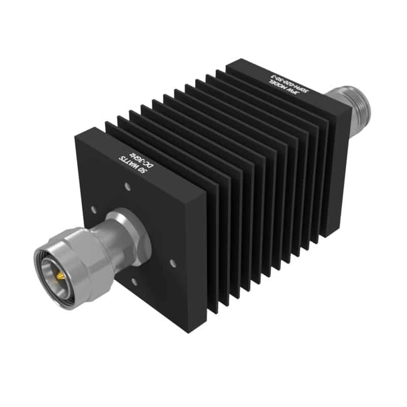 50 Watt attenuator with 50 Ohm 4.3/10 male/female connectors