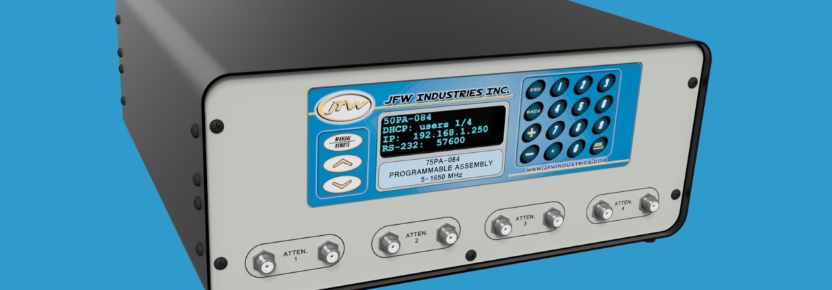 JFW model 75PA-084 F quad channel 75 Ohm attenuator assembly with Ethernet control