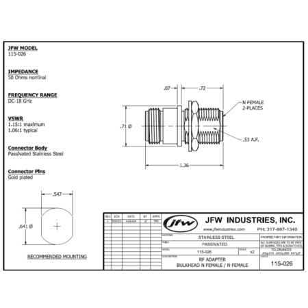 Adapter N female/female Bulkhead DC-18 GHz | 115-026