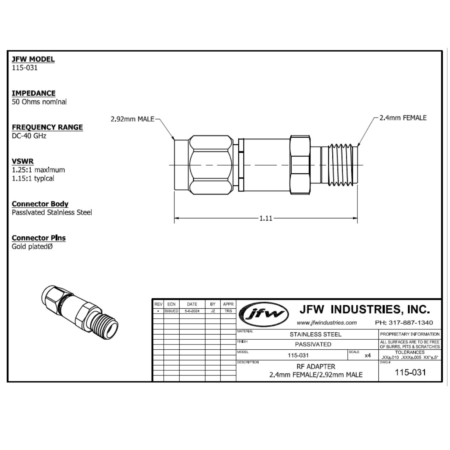 Adapter 2.4mm female to 2.92mm male DC-40 GHz | 115-031