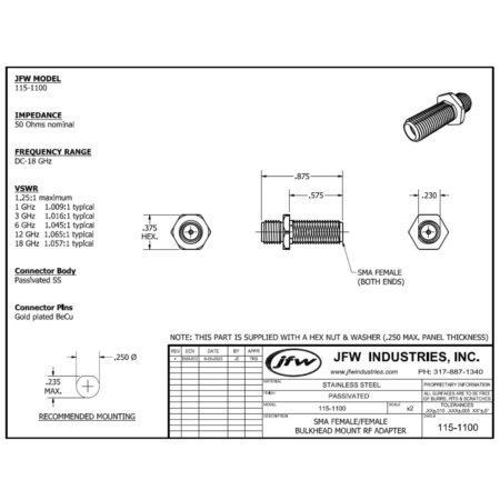 Adapter SMA female/female Bulkhead DC-18 GHz | 115-1100