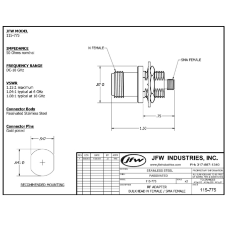 Adapter N female (bulkhead) to SMA female DC-18 GHz | 115-775