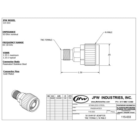 50 Ohm RF Adapter | N male to TNC female